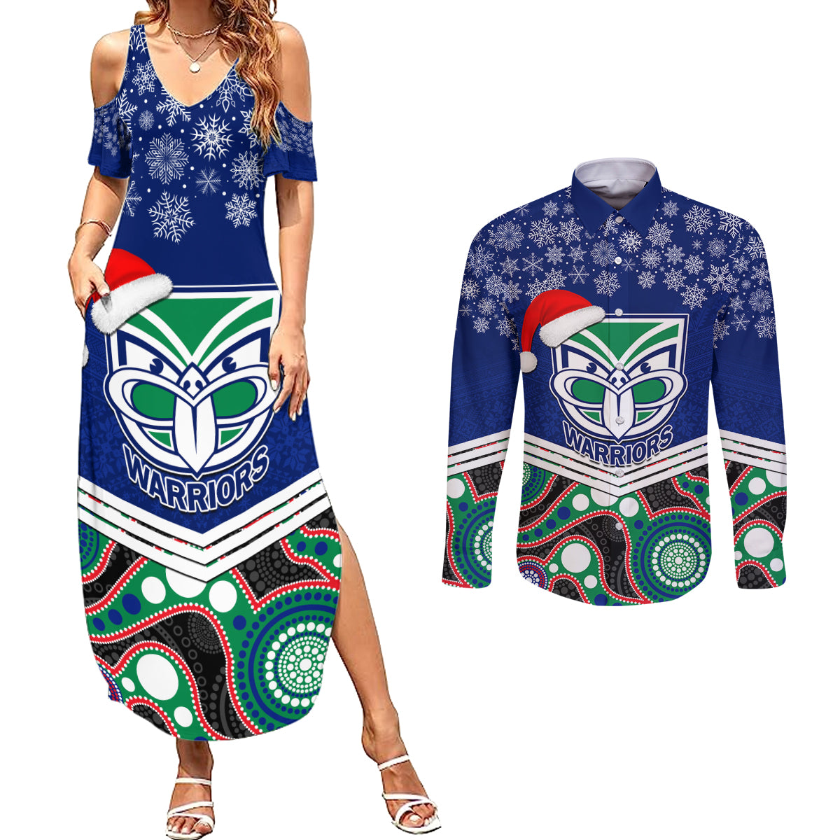 custom-warriors-rugby-christmas-couples-matching-summer-maxi-dress-and-long-sleeve-button-shirt-merry-xmas-2023-mix-aboriginal-art
