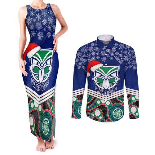 custom-warriors-rugby-christmas-couples-matching-tank-maxi-dress-and-long-sleeve-button-shirt-merry-xmas-2023-mix-aboriginal-art