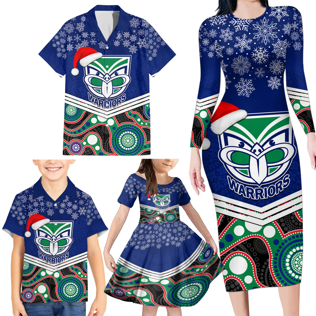 custom-warriors-rugby-christmas-family-matching-long-sleeve-bodycon-dress-and-hawaiian-shirt-merry-xmas-2023-mix-aboriginal-art