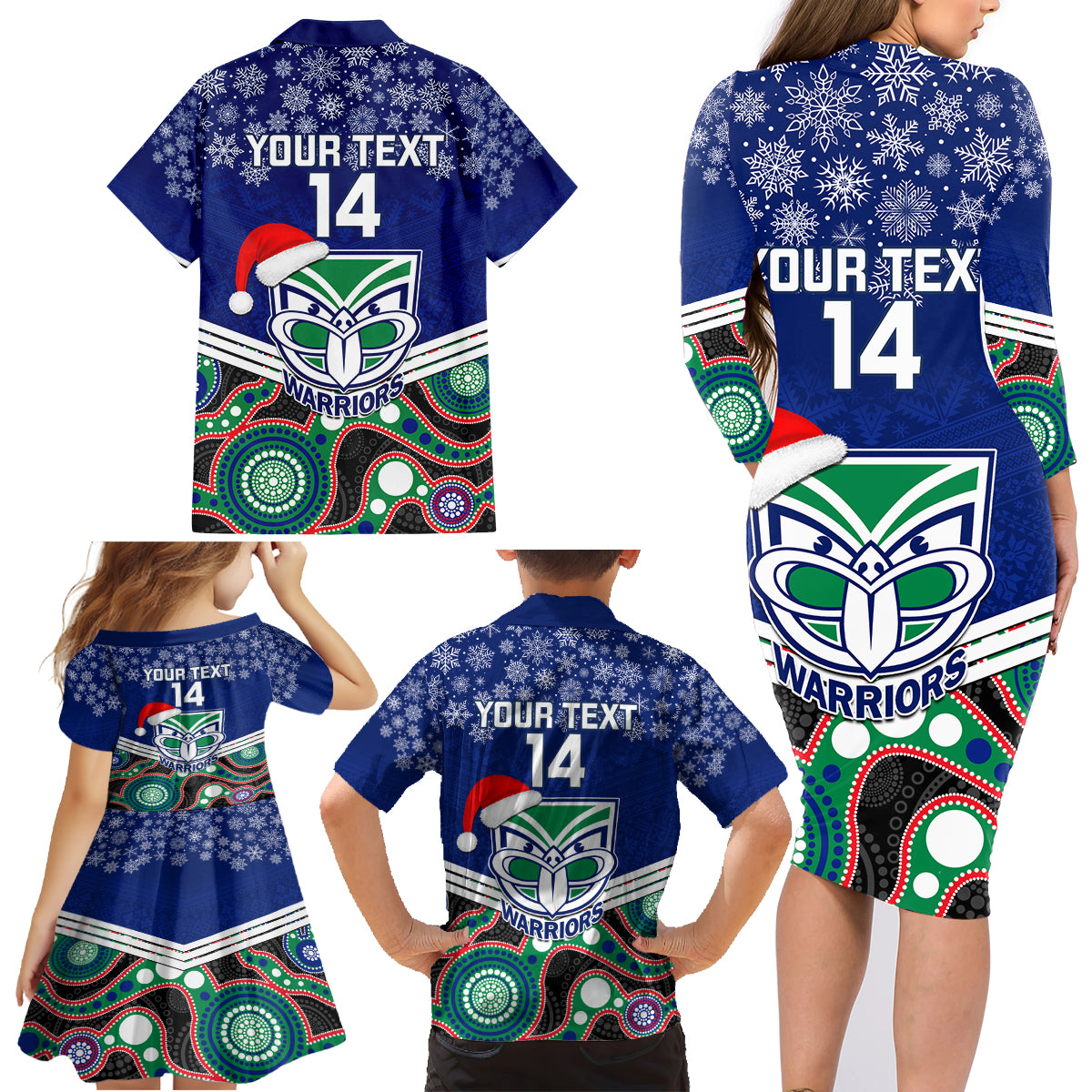 custom-warriors-rugby-christmas-family-matching-long-sleeve-bodycon-dress-and-hawaiian-shirt-merry-xmas-2023-mix-aboriginal-art