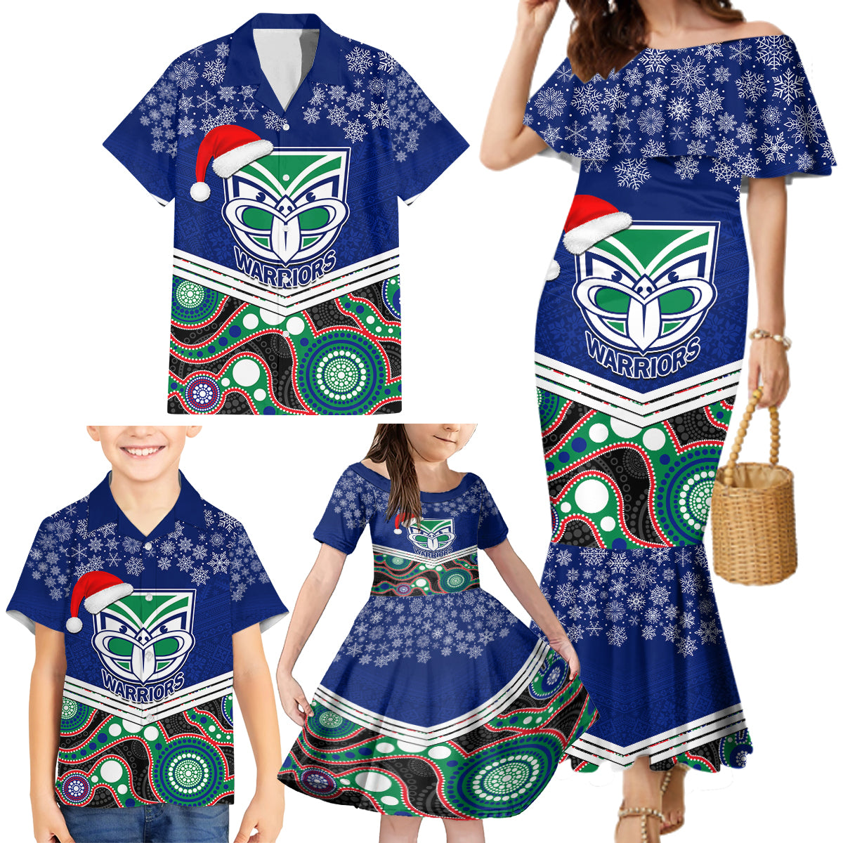 custom-warriors-rugby-christmas-family-matching-mermaid-dress-and-hawaiian-shirt-merry-xmas-2023-mix-aboriginal-art
