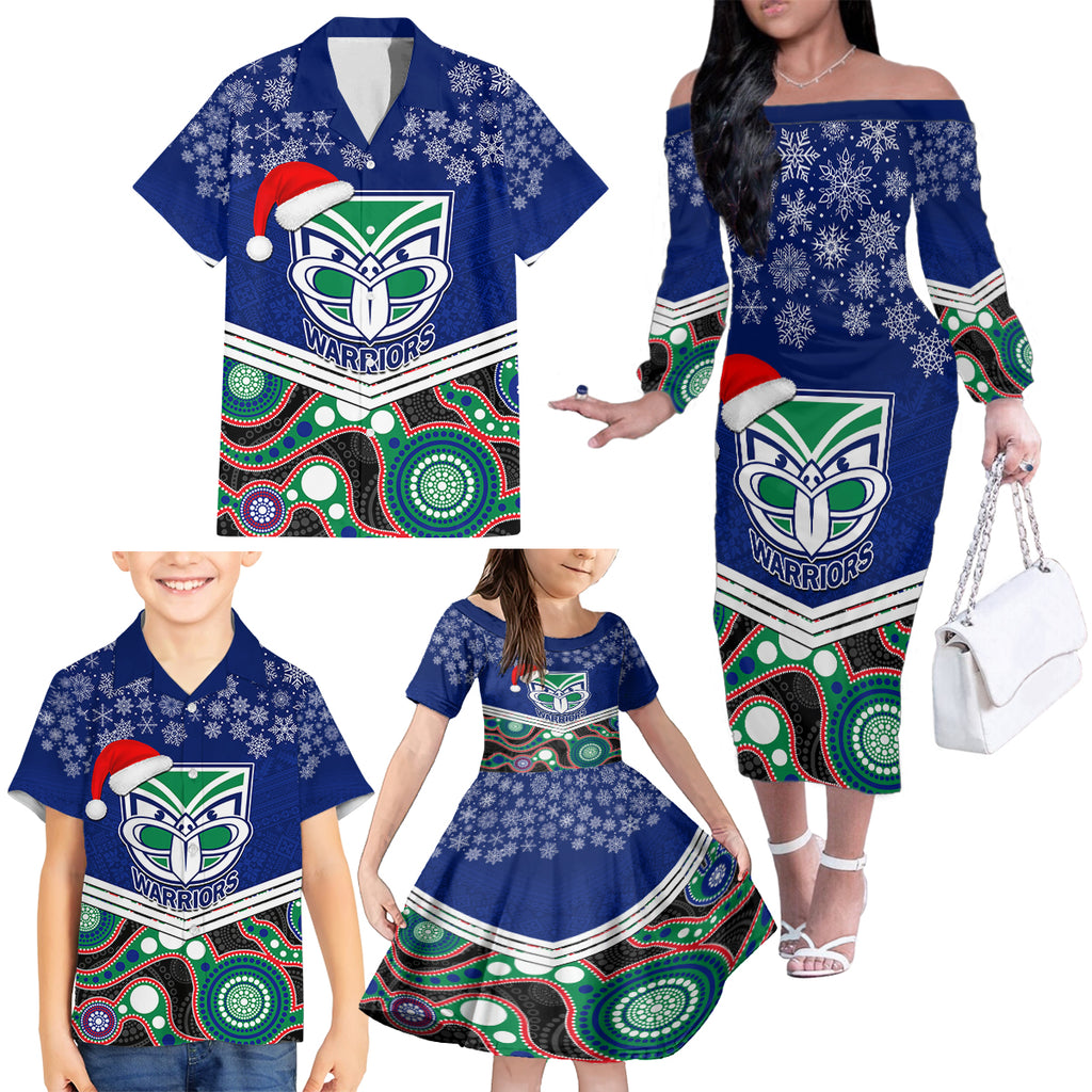 custom-warriors-rugby-christmas-family-matching-off-shoulder-long-sleeve-dress-and-hawaiian-shirt-merry-xmas-2023-mix-aboriginal-art