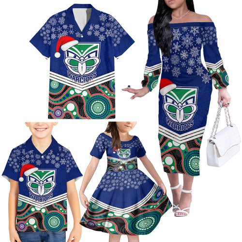 custom-warriors-rugby-christmas-family-matching-off-shoulder-long-sleeve-dress-and-hawaiian-shirt-merry-xmas-2023-mix-aboriginal-art