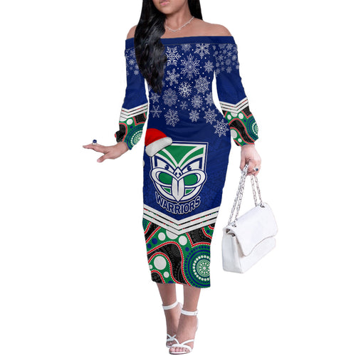 custom-warriors-rugby-christmas-family-matching-off-shoulder-long-sleeve-dress-and-hawaiian-shirt-merry-xmas-2023-mix-aboriginal-art