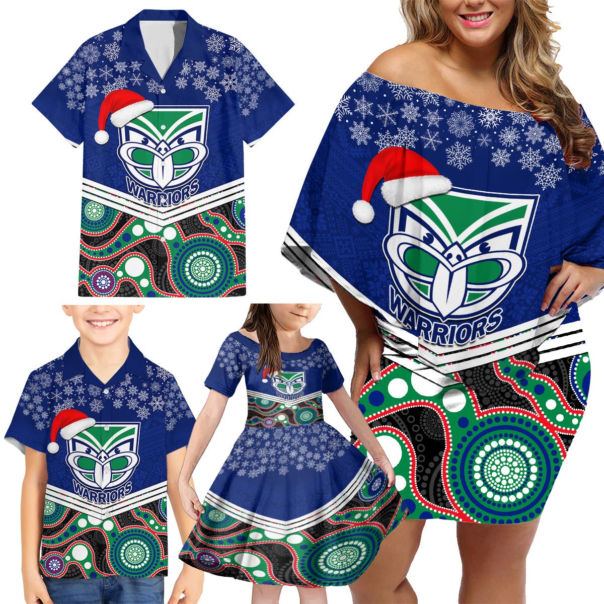 custom-warriors-rugby-christmas-family-matching-off-shoulder-short-dress-and-hawaiian-shirt-merry-xmas-2023-mix-aboriginal-art