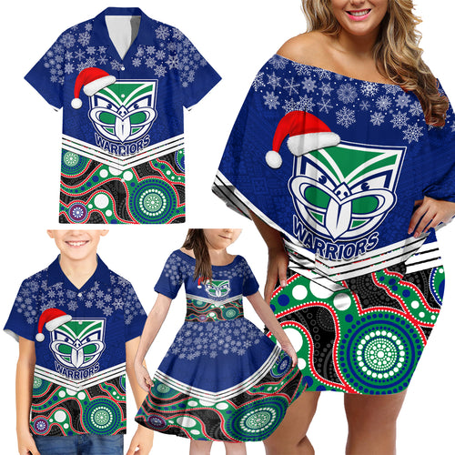 custom-warriors-rugby-christmas-family-matching-off-shoulder-short-dress-and-hawaiian-shirt-merry-xmas-2023-mix-aboriginal-art