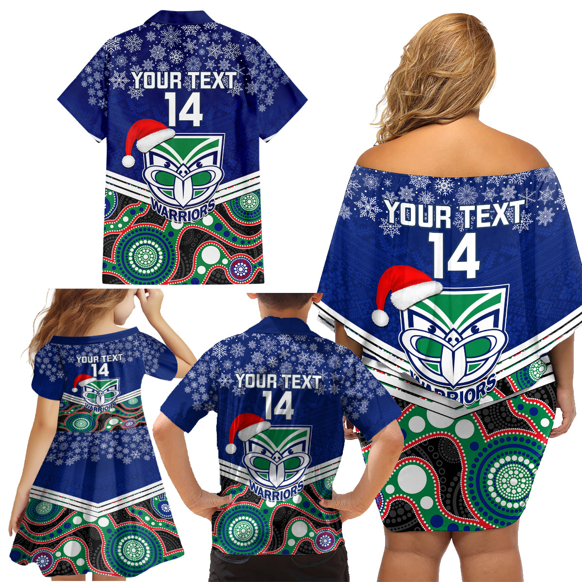 custom-warriors-rugby-christmas-family-matching-off-shoulder-short-dress-and-hawaiian-shirt-merry-xmas-2023-mix-aboriginal-art