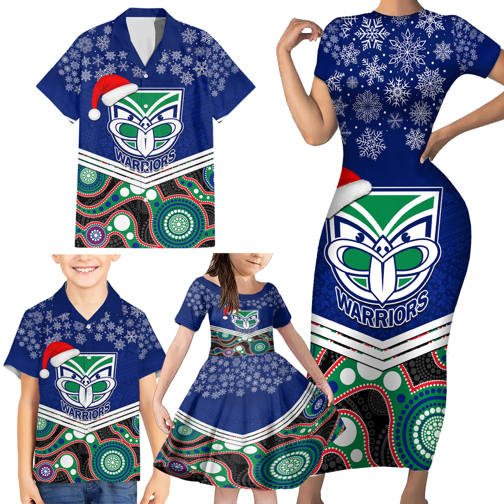 custom-warriors-rugby-christmas-family-matching-short-sleeve-bodycon-dress-and-hawaiian-shirt-merry-xmas-2023-mix-aboriginal-art