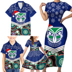 custom-warriors-rugby-christmas-family-matching-short-sleeve-bodycon-dress-and-hawaiian-shirt-merry-xmas-2023-mix-aboriginal-art