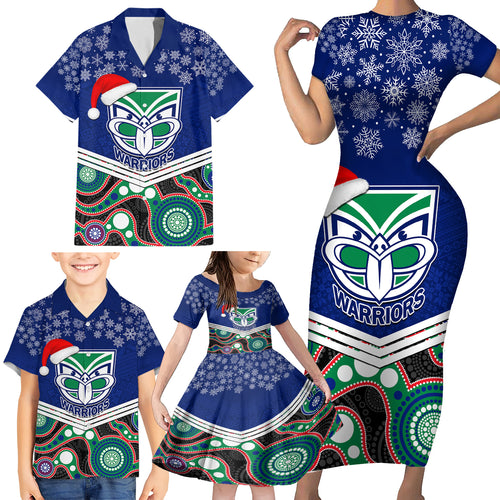 custom-warriors-rugby-christmas-family-matching-short-sleeve-bodycon-dress-and-hawaiian-shirt-merry-xmas-2023-mix-aboriginal-art