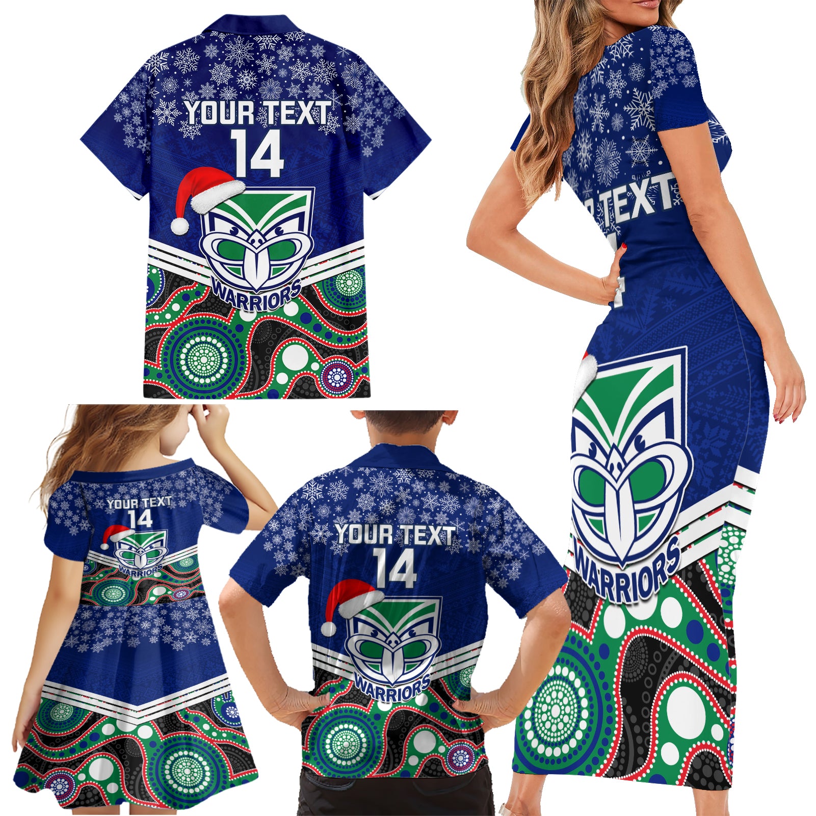 custom-warriors-rugby-christmas-family-matching-short-sleeve-bodycon-dress-and-hawaiian-shirt-merry-xmas-2023-mix-aboriginal-art
