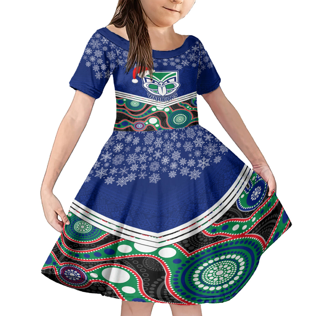 custom-warriors-rugby-christmas-kid-short-sleeve-dress-merry-xmas-2023-mix-aboriginal-art