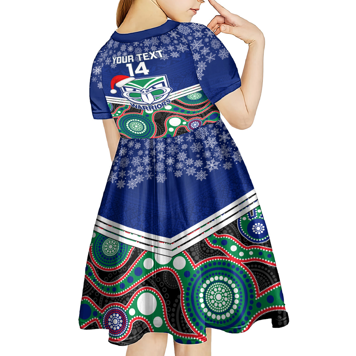 custom-warriors-rugby-christmas-kid-short-sleeve-dress-merry-xmas-2023-mix-aboriginal-art