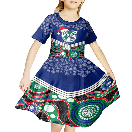 custom-warriors-rugby-christmas-kid-short-sleeve-dress-merry-xmas-2023-mix-aboriginal-art
