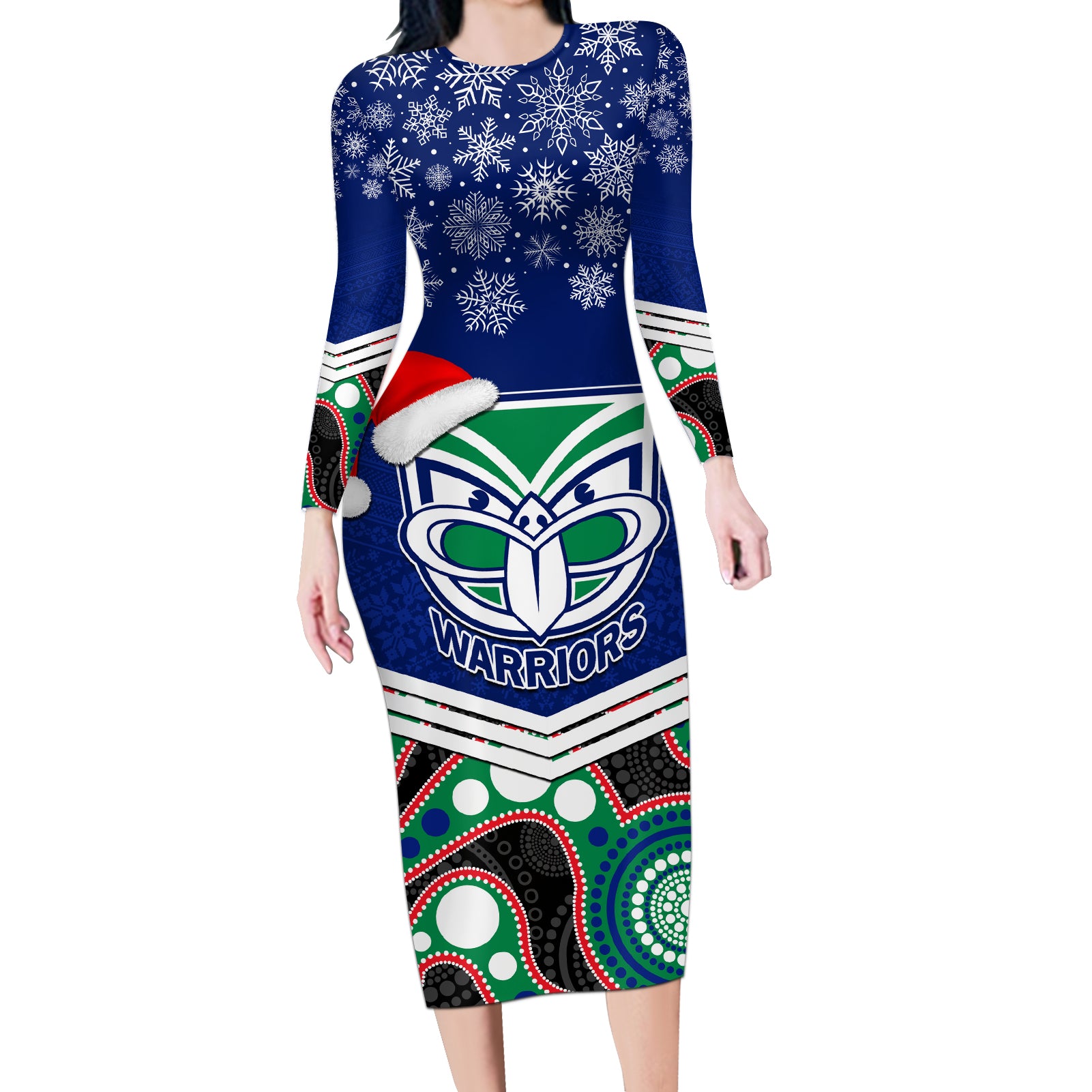 custom-warriors-rugby-christmas-long-sleeve-bodycon-dress-merry-xmas-2023-mix-aboriginal-art
