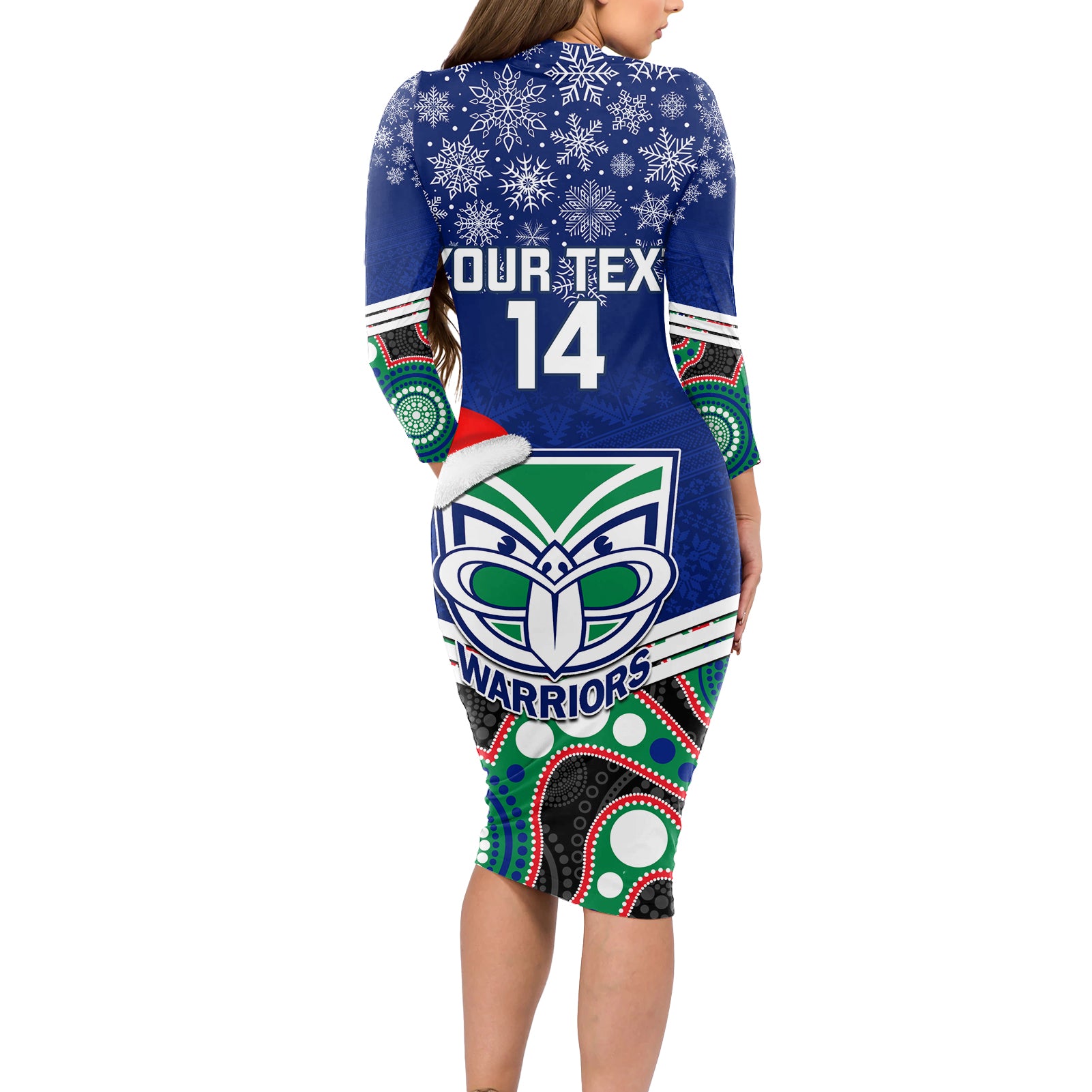 custom-warriors-rugby-christmas-long-sleeve-bodycon-dress-merry-xmas-2023-mix-aboriginal-art