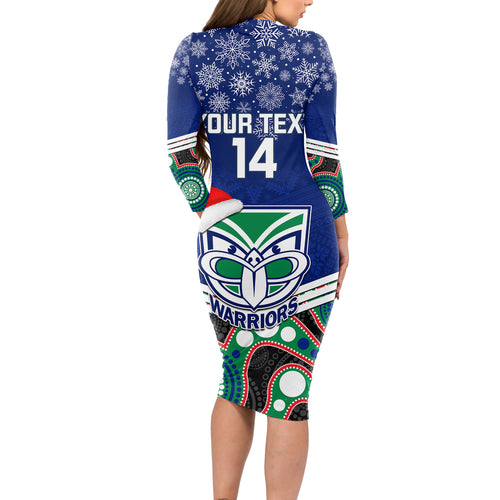 custom-warriors-rugby-christmas-long-sleeve-bodycon-dress-merry-xmas-2023-mix-aboriginal-art