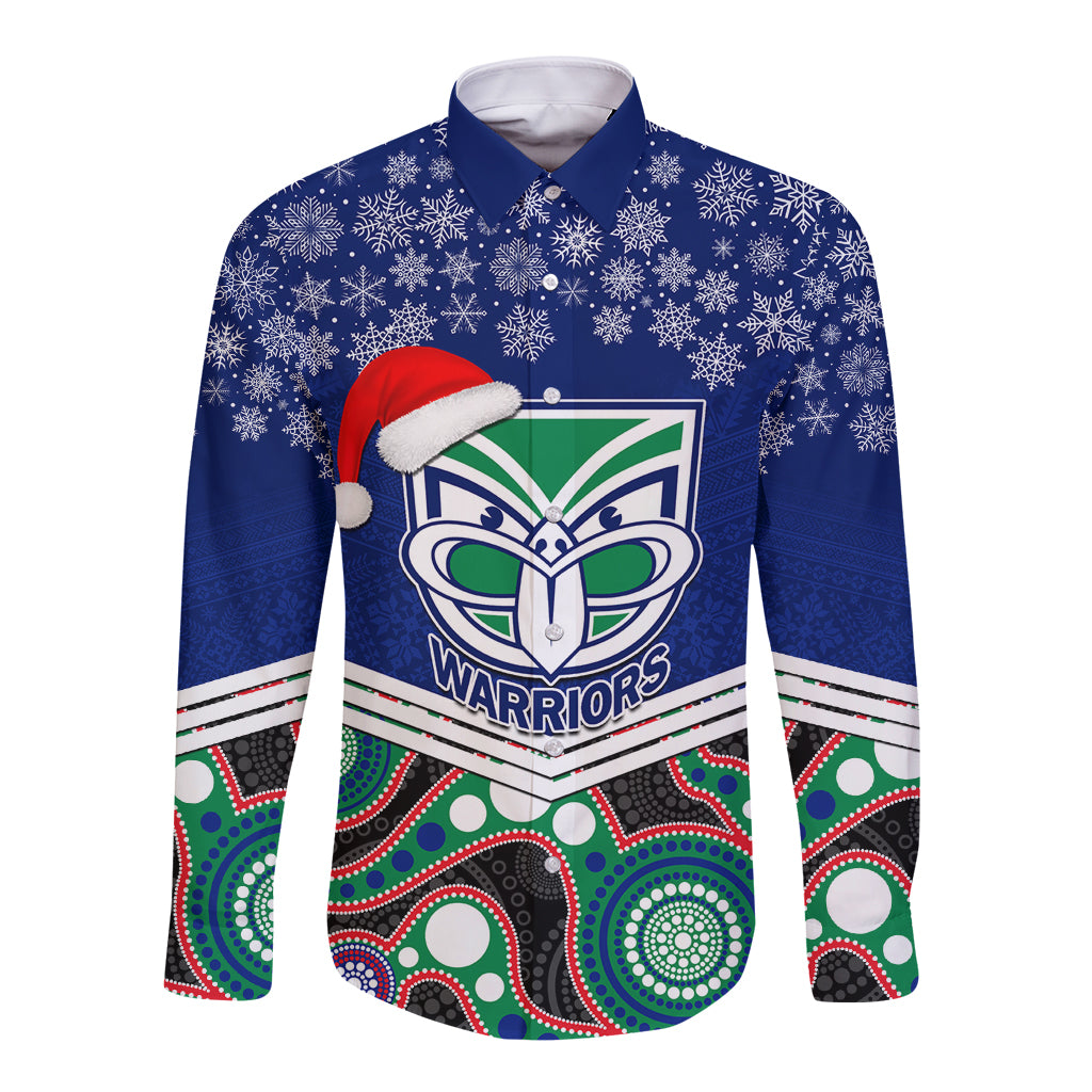 custom-warriors-rugby-christmas-long-sleeve-button-shirt-merry-xmas-2023-mix-aboriginal-art