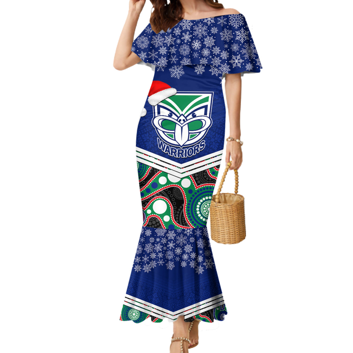 custom-warriors-rugby-christmas-mermaid-dress-merry-xmas-2023-mix-aboriginal-art