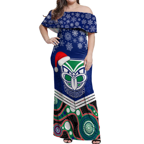 custom-warriors-rugby-christmas-off-shoulder-maxi-dress-merry-xmas-2023-mix-aboriginal-art