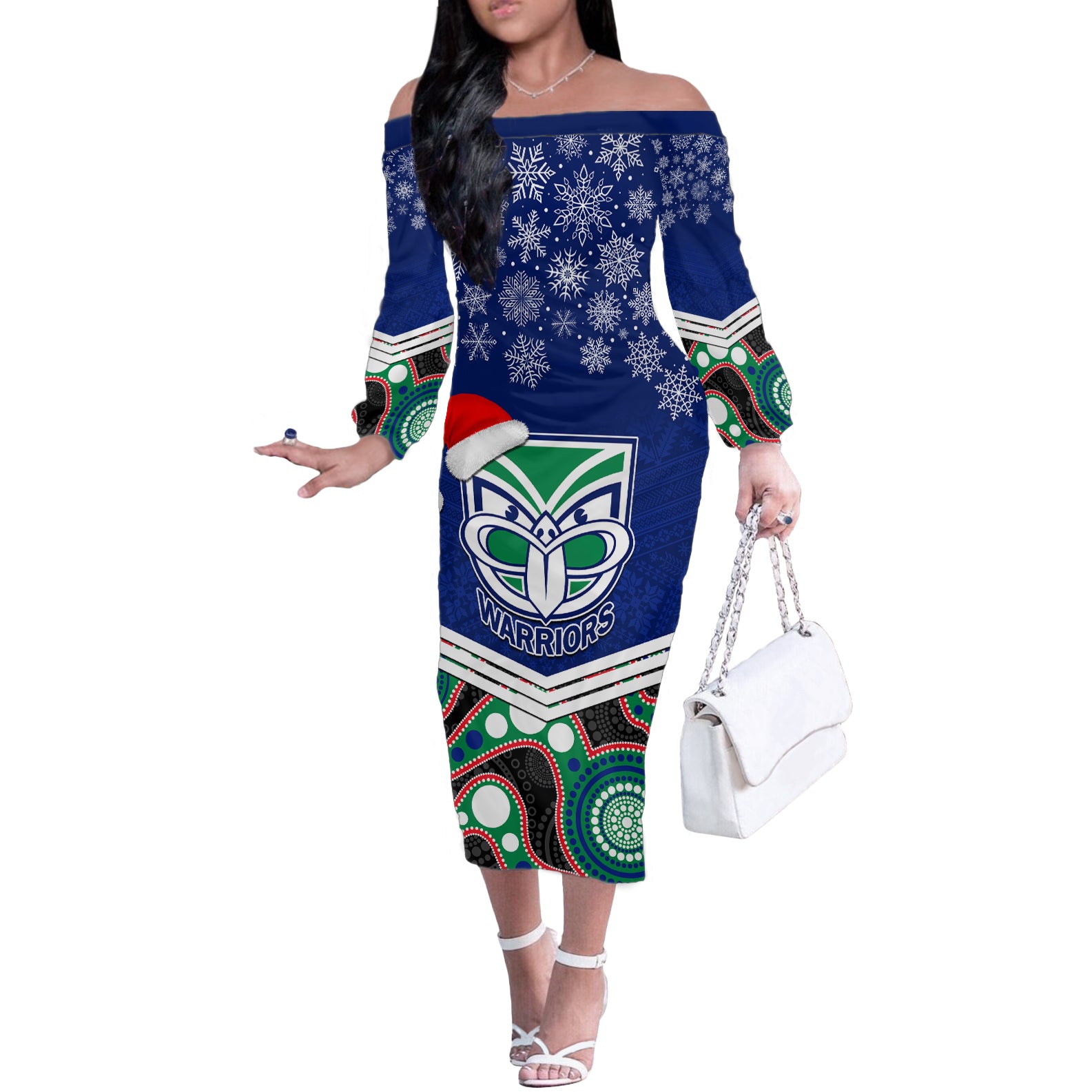custom-warriors-rugby-christmas-off-the-shoulder-long-sleeve-dress-merry-xmas-2023-mix-aboriginal-art