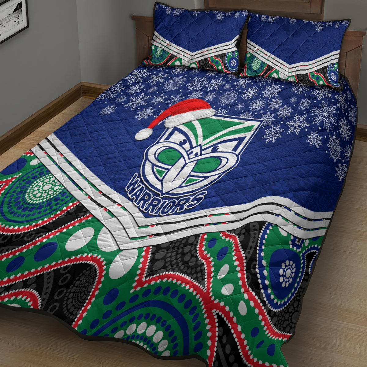 custom-warriors-rugby-christmas-quilt-bed-set-merry-xmas-2023-mix-aboriginal-art