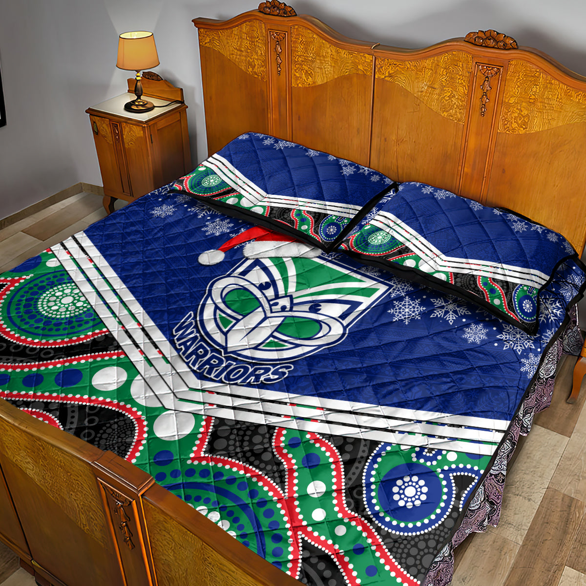 custom-warriors-rugby-christmas-quilt-bed-set-merry-xmas-2023-mix-aboriginal-art