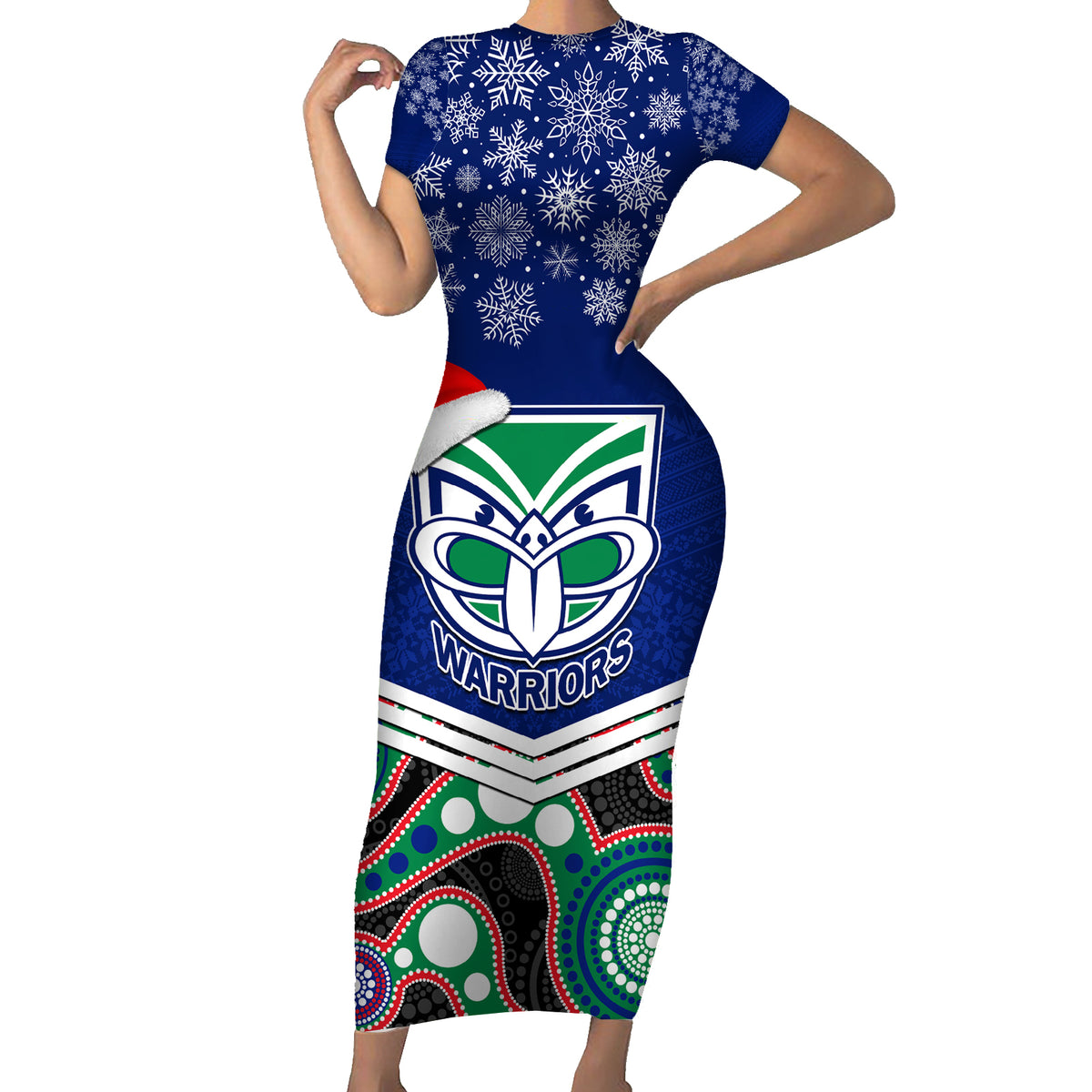 custom-warriors-rugby-christmas-short-sleeve-bodycon-dress-merry-xmas-2023-mix-aboriginal-art