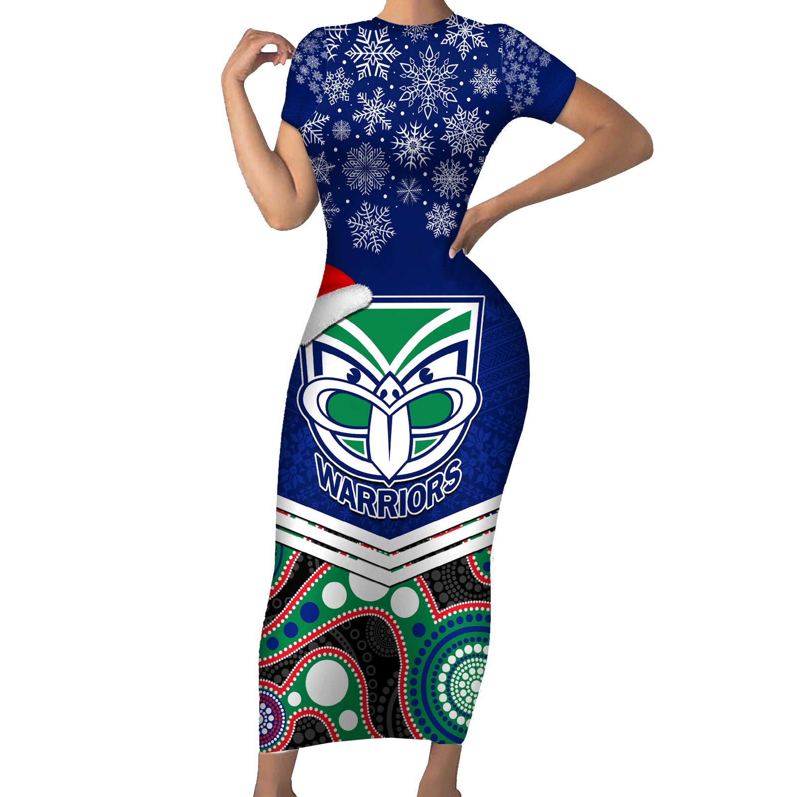 custom-warriors-rugby-christmas-short-sleeve-bodycon-dress-merry-xmas-2023-mix-aboriginal-art