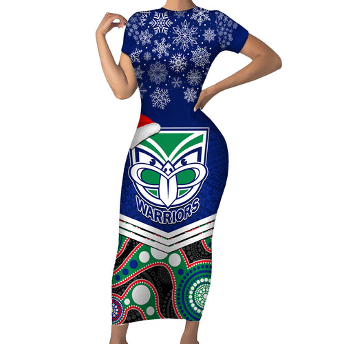 custom-warriors-rugby-christmas-short-sleeve-bodycon-dress-merry-xmas-2023-mix-aboriginal-art