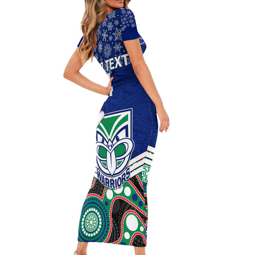 custom-warriors-rugby-christmas-short-sleeve-bodycon-dress-merry-xmas-2023-mix-aboriginal-art