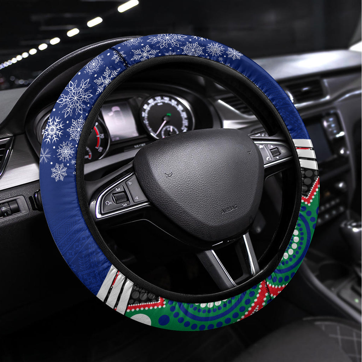 Warriors Rugby Christmas Steering Wheel Cover Merry Xmas 2023 Mix Aboriginal Art