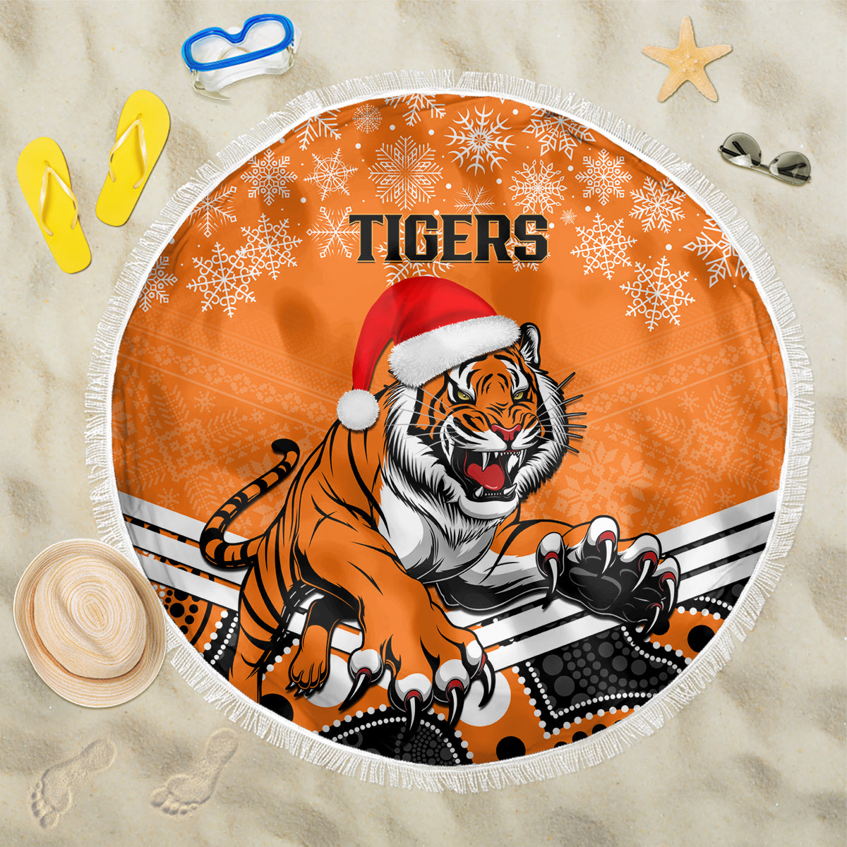 custom-tigers-rugby-christmas-beach-blanket-merry-xmas-2023-mix-aboriginal-art