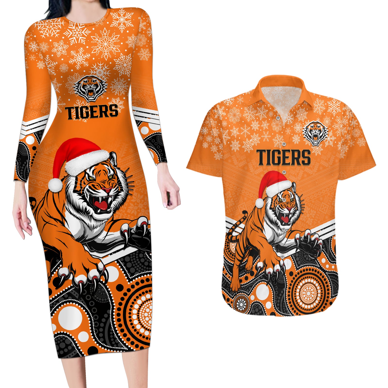 custom-tigers-rugby-christmas-couples-matching-long-sleeve-bodycon-dress-and-hawaiian-shirt-merry-xmas-2023-mix-aboriginal-art