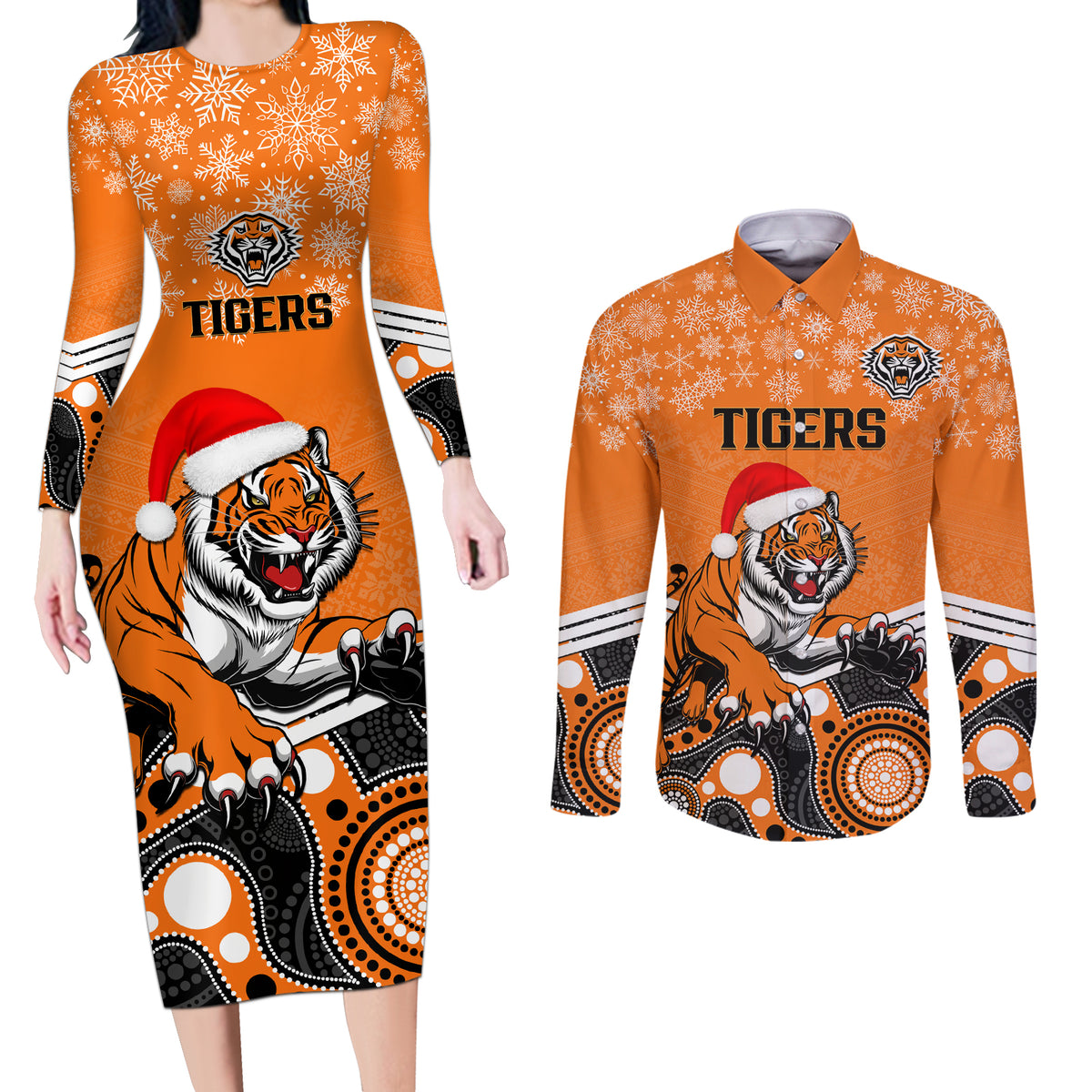 custom-tigers-rugby-christmas-couples-matching-long-sleeve-bodycon-dress-and-long-sleeve-button-shirt-merry-xmas-2023-mix-aboriginal-art