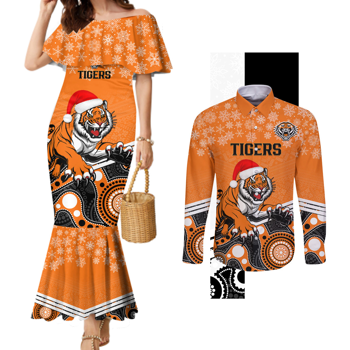 custom-tigers-rugby-christmas-couples-matching-mermaid-dress-and-long-sleeve-button-shirt-merry-xmas-2023-mix-aboriginal-art