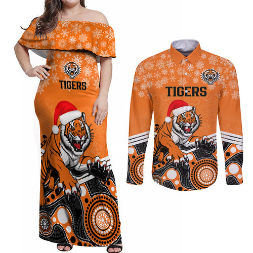 custom-tigers-rugby-christmas-couples-matching-off-shoulder-maxi-dress-and-long-sleeve-button-shirt-merry-xmas-2023-mix-aboriginal-art