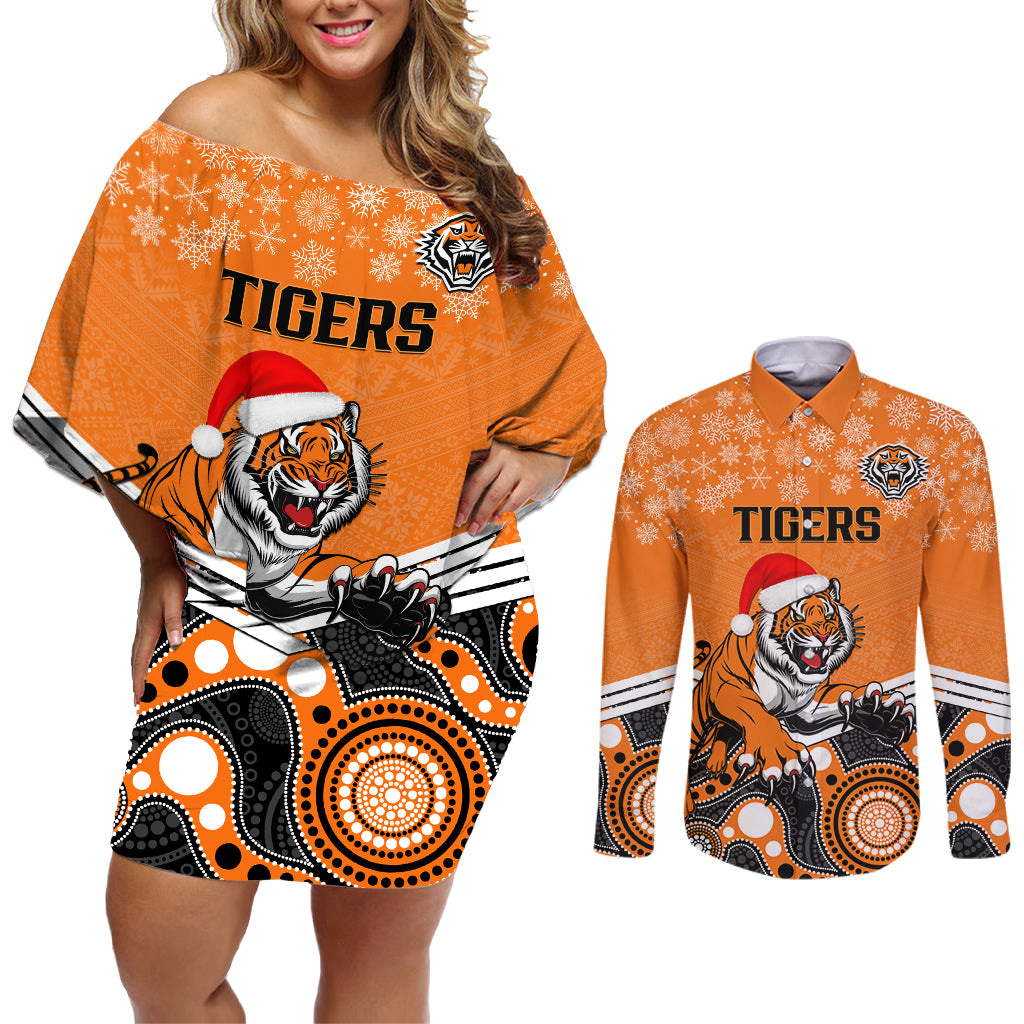 custom-tigers-rugby-christmas-couples-matching-off-shoulder-short-dress-and-long-sleeve-button-shirt-merry-xmas-2023-mix-aboriginal-art