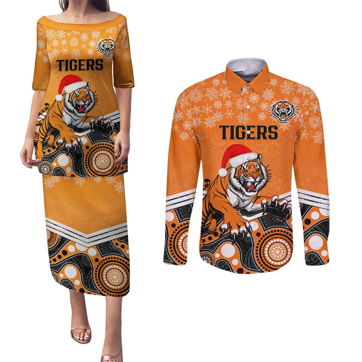 custom-tigers-rugby-christmas-couples-matching-puletasi-dress-and-long-sleeve-button-shirt-merry-xmas-2023-mix-aboriginal-art