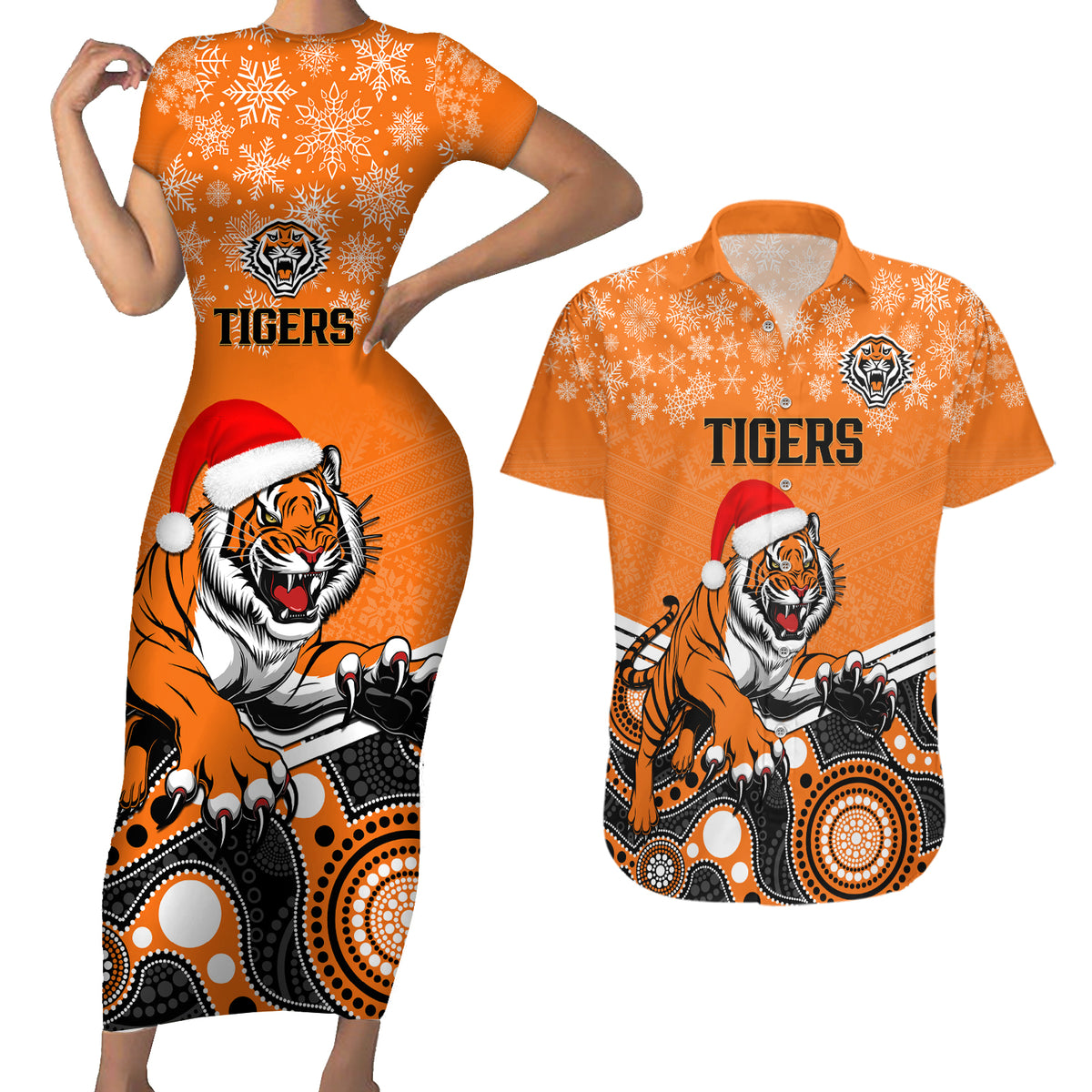 custom-tigers-rugby-christmas-couples-matching-short-sleeve-bodycon-dress-and-hawaiian-shirt-merry-xmas-2023-mix-aboriginal-art