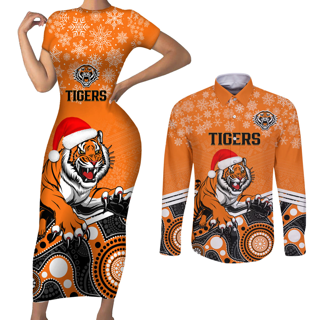custom-tigers-rugby-christmas-couples-matching-short-sleeve-bodycon-dress-and-long-sleeve-button-shirt-merry-xmas-2023-mix-aboriginal-art