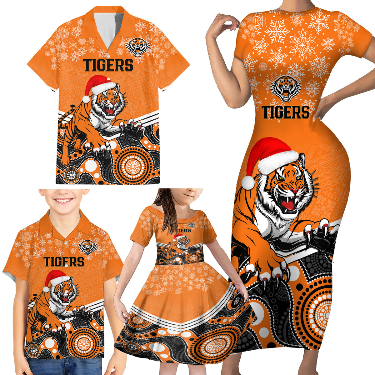 custom-tigers-rugby-christmas-family-matching-short-sleeve-bodycon-dress-and-hawaiian-shirt-merry-xmas-2023-mix-aboriginal-art