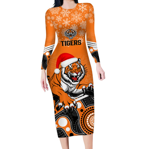 custom-tigers-rugby-christmas-long-sleeve-bodycon-dress-merry-xmas-2023-mix-aboriginal-art