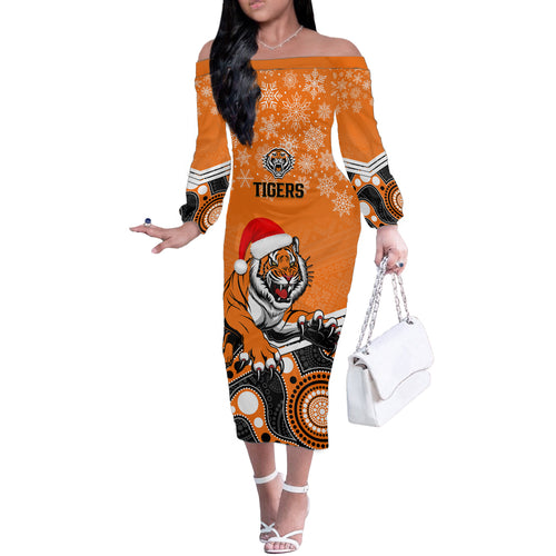 custom-tigers-rugby-christmas-off-the-shoulder-long-sleeve-dress-merry-xmas-2023-mix-aboriginal-art