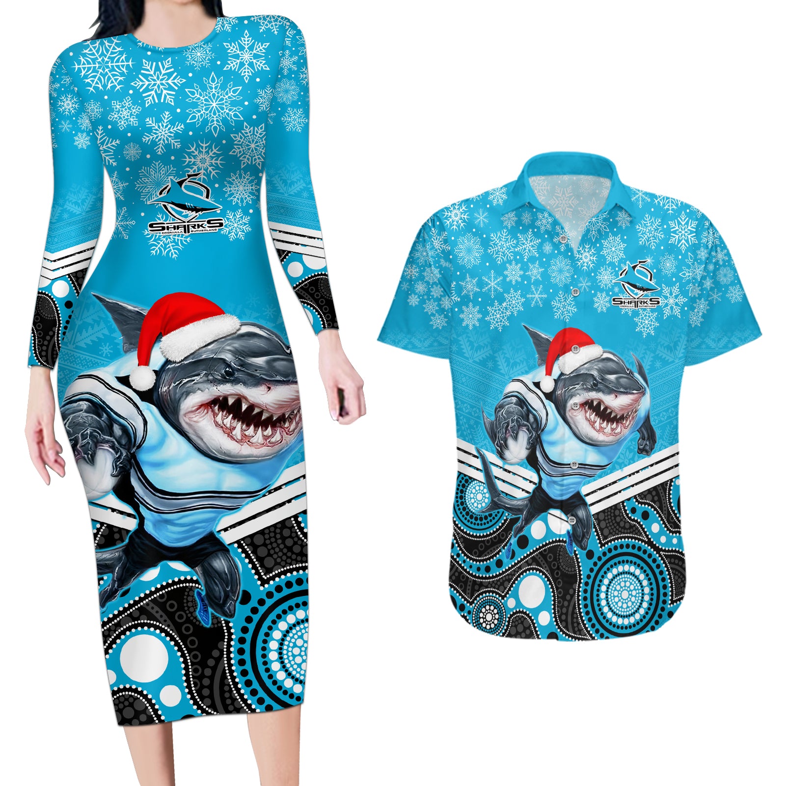 custom-sharks-rugby-christmas-couples-matching-long-sleeve-bodycon-dress-and-hawaiian-shirt-merry-xmas-2023-mix-aboriginal-art