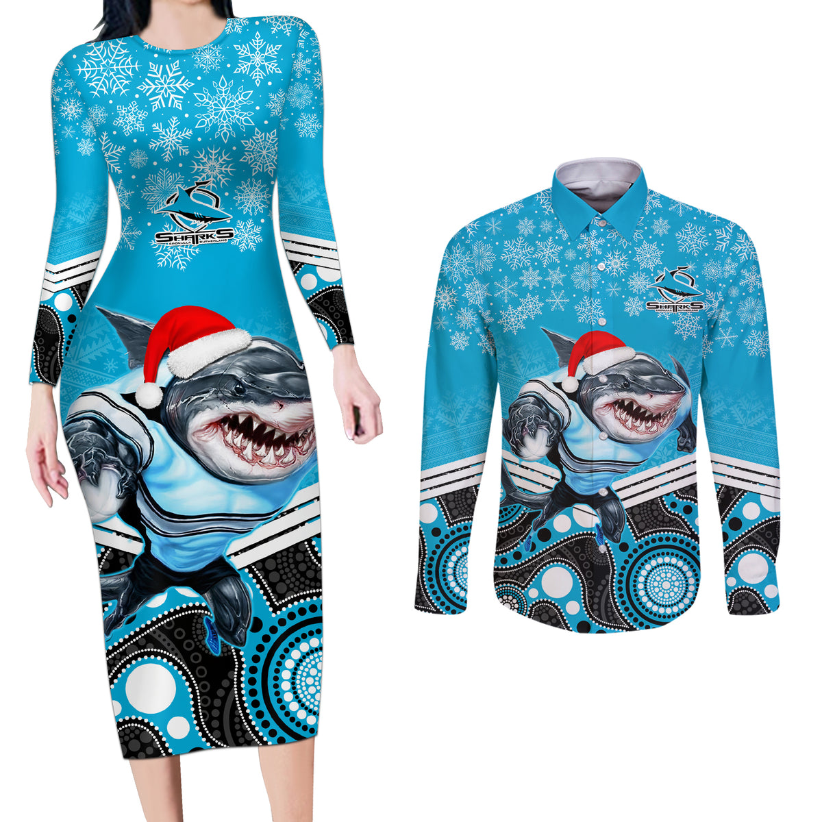custom-sharks-rugby-christmas-couples-matching-long-sleeve-bodycon-dress-and-long-sleeve-button-shirt-merry-xmas-2023-mix-aboriginal-art