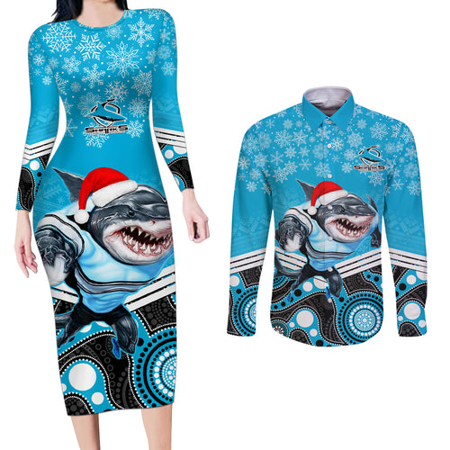 custom-sharks-rugby-christmas-couples-matching-long-sleeve-bodycon-dress-and-long-sleeve-button-shirt-merry-xmas-2023-mix-aboriginal-art