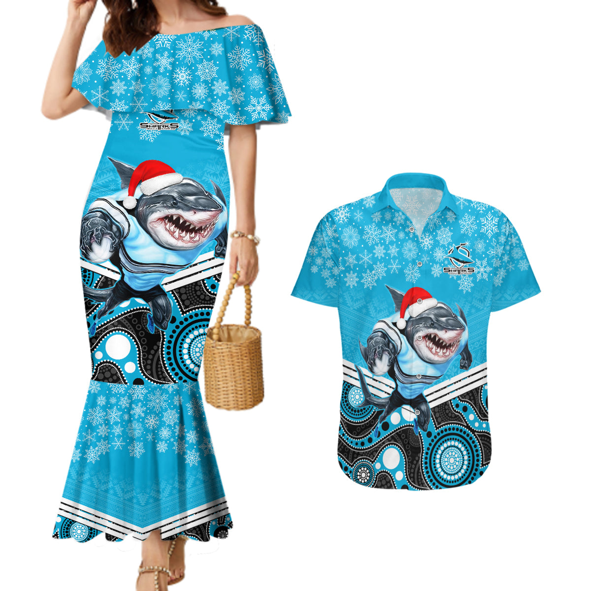 custom-sharks-rugby-christmas-couples-matching-mermaid-dress-and-hawaiian-shirt-merry-xmas-2023-mix-aboriginal-art