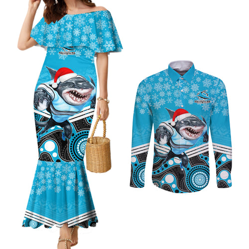 custom-sharks-rugby-christmas-couples-matching-mermaid-dress-and-long-sleeve-button-shirt-merry-xmas-2023-mix-aboriginal-art