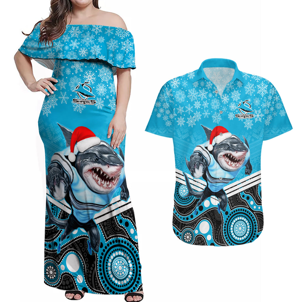 custom-sharks-rugby-christmas-couples-matching-off-shoulder-maxi-dress-and-hawaiian-shirt-merry-xmas-2023-mix-aboriginal-art